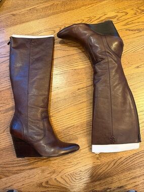 Frye Brown Leather Wedge Knee-High Boots
